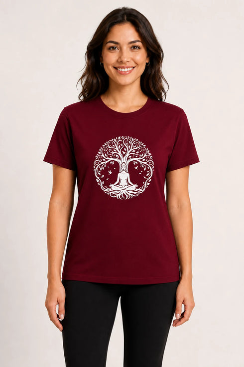 Women Yoga Tree Regular Round Neck T-Shirt - Burgundy - Front View
