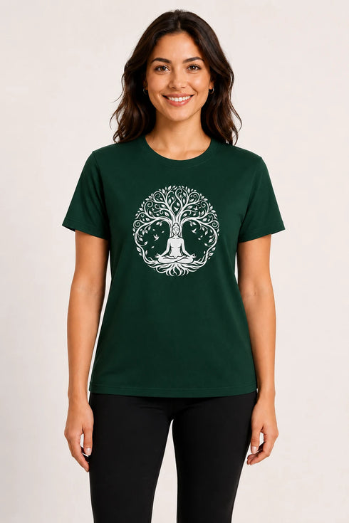 Women Yoga Tree Regular Round Neck T-Shirt - Dark Green - Front View