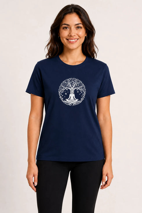 Women Yoga Tree Regular Round Neck T-Shirt - Navy Blue - Front View
