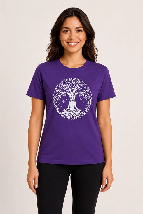 Women Yoga Tree Regular Round Neck T-Shirt - Purple - Front View