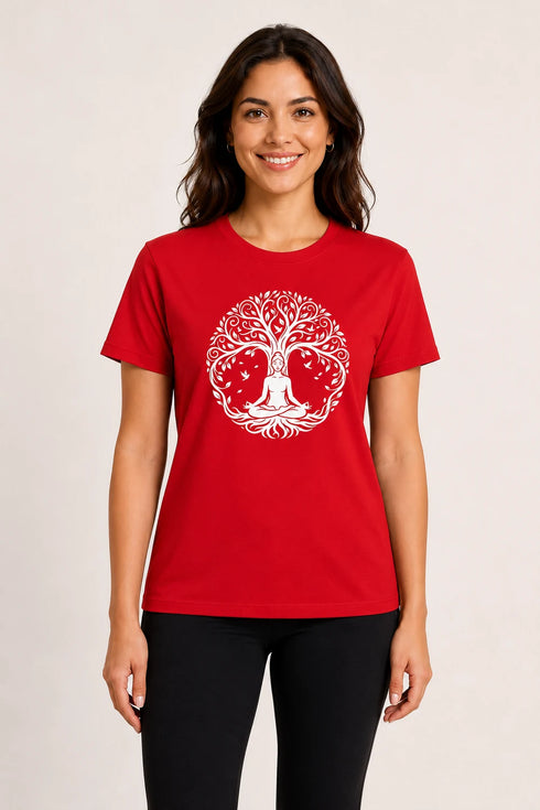 Women Yoga Tree Regular Round Neck T-Shirt - Red - Front View
