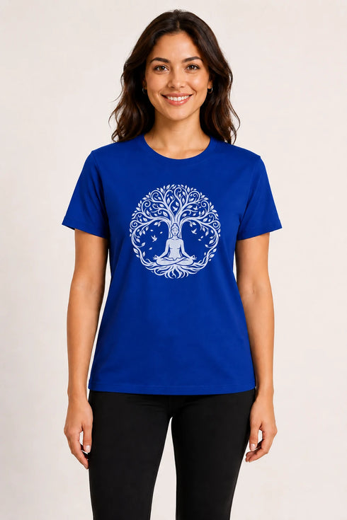 Women Yoga Tree Regular Round Neck T-Shirt - Royal Blue - Front View