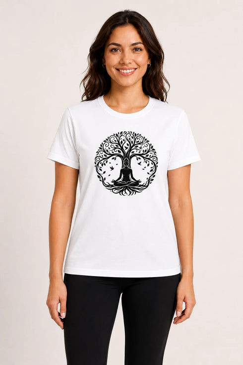 Women Yoga Tree Regular Round Neck T-Shirt - White - Front View