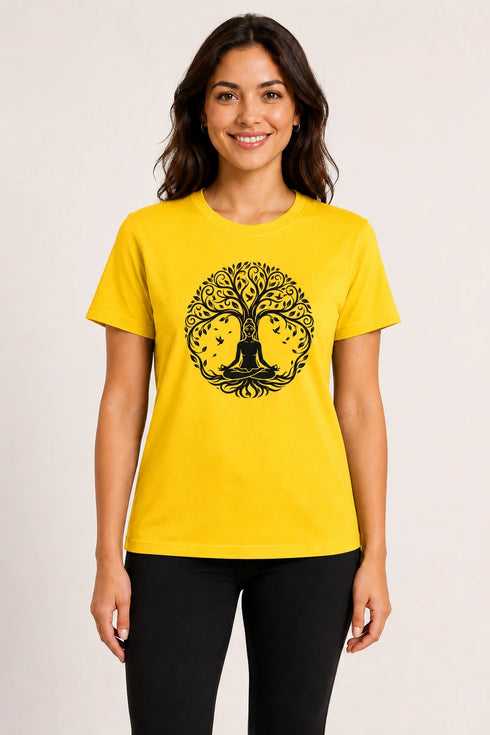 Women Yoga Tree Regular Round Neck T-Shirt - Yellow - Front View