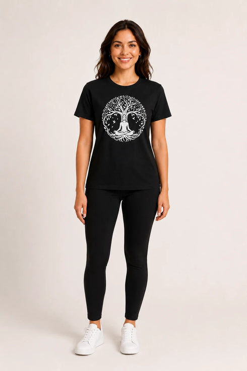 Women Yoga Tree Regular Round Neck T-Shirt - Black - Full View