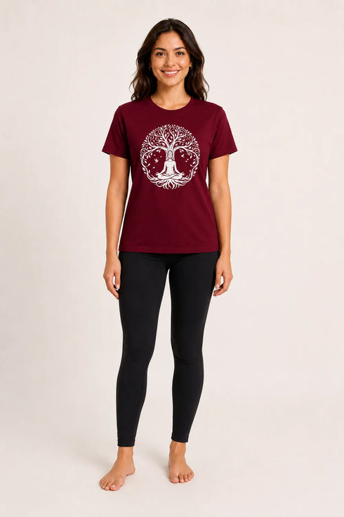 Women Yoga Tree Regular Round Neck T-Shirt - Burgundy - Full View