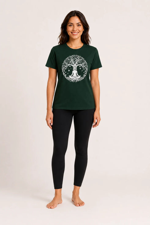 Women Yoga Tree Regular Round Neck T-Shirt - Dark Green - Full View