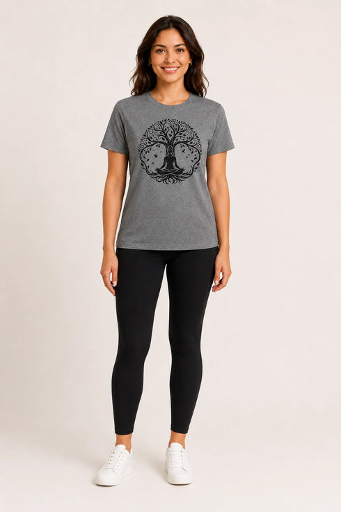 Women Yoga Tree Regular Round Neck T-Shirt - Heather Grey - Full View