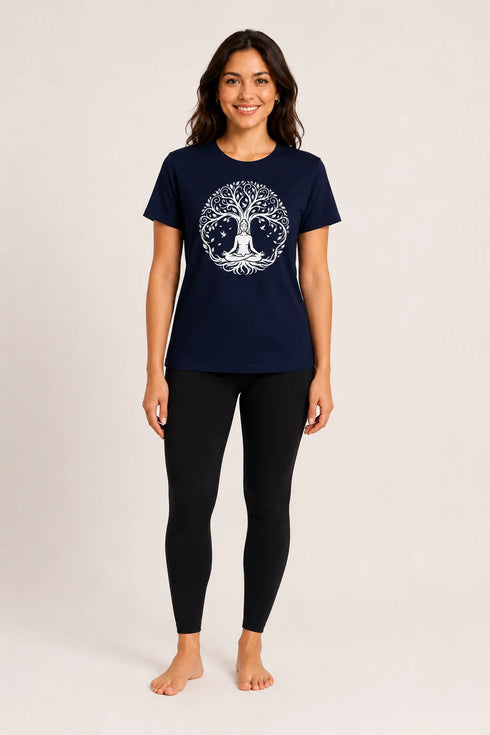 Women Yoga Tree Regular Round Neck T-Shirt - Navy Blue - Full View