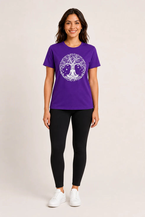 Women Yoga Tree Regular Round Neck T-Shirt - Purple - Full View