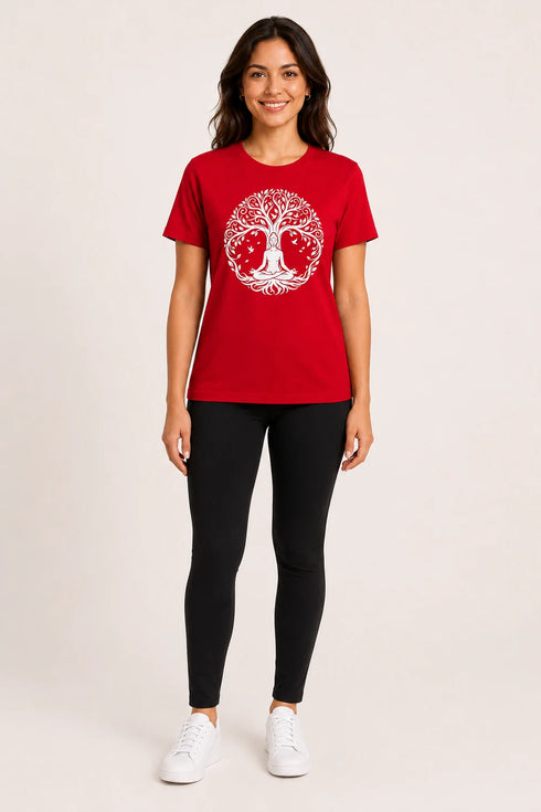 Women Yoga Tree Regular Round Neck T-Shirt - Red - Full View