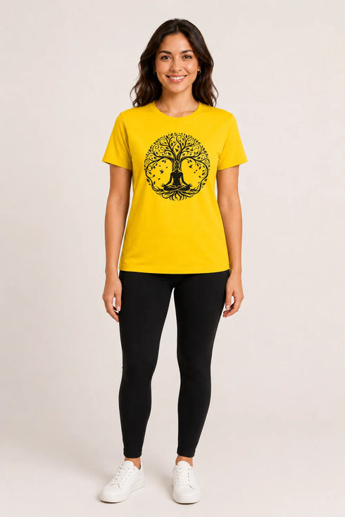 Women Yoga Tree Regular Round Neck T-Shirt - Yellow - Full View