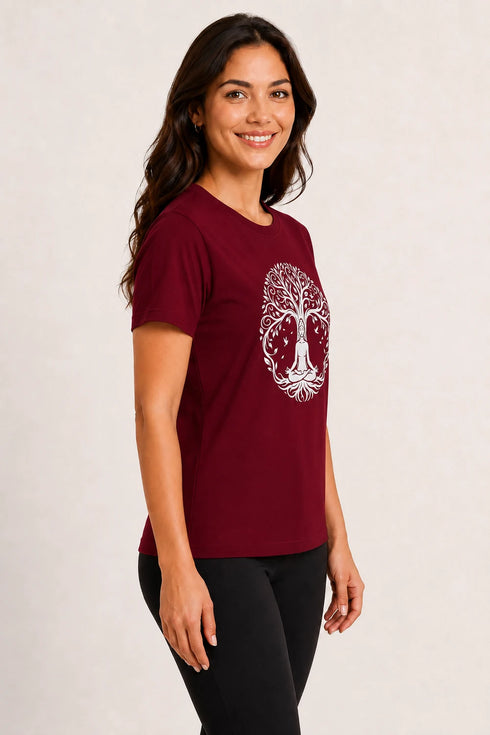 Women Yoga Tree Regular Round Neck T-Shirt - Burgundy - Side View