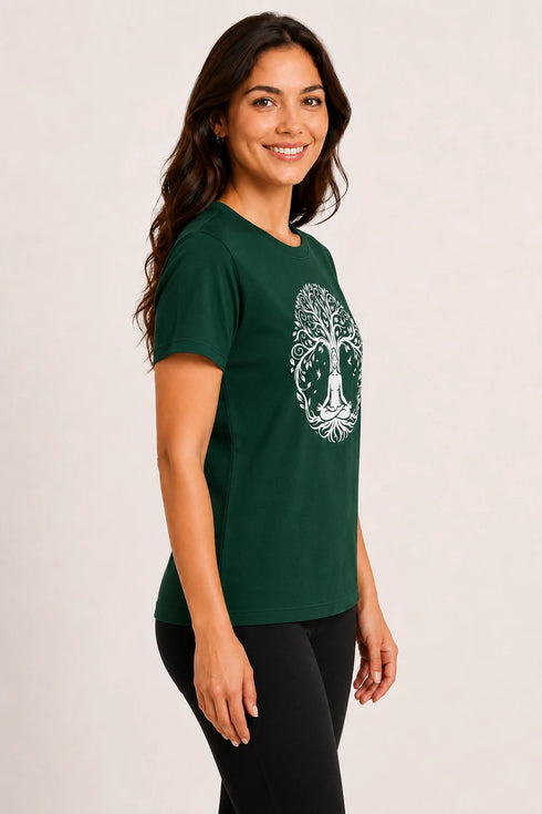 Women Yoga Tree Regular Round Neck T-Shirt - Dark Green - Side View