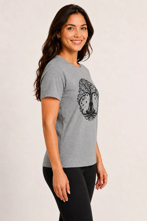 Women Yoga Tree Regular Round Neck T-Shirt - Heather Grey - Side View