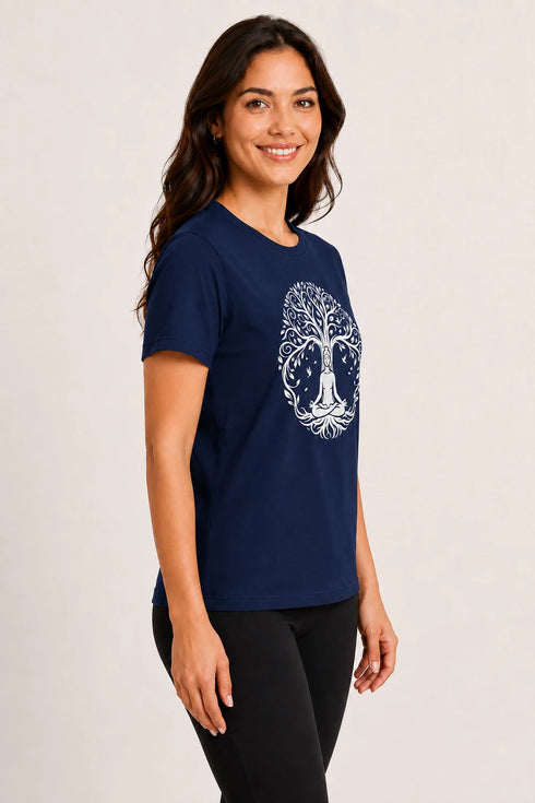 Women Yoga Tree Regular Round Neck T-Shirt - Navy Blue - Side View