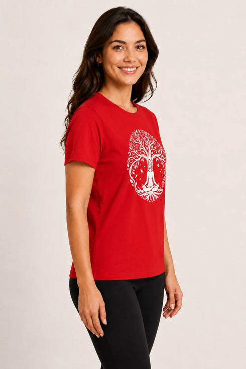 Women Yoga Tree Regular Round Neck T-Shirt - Red - Side View