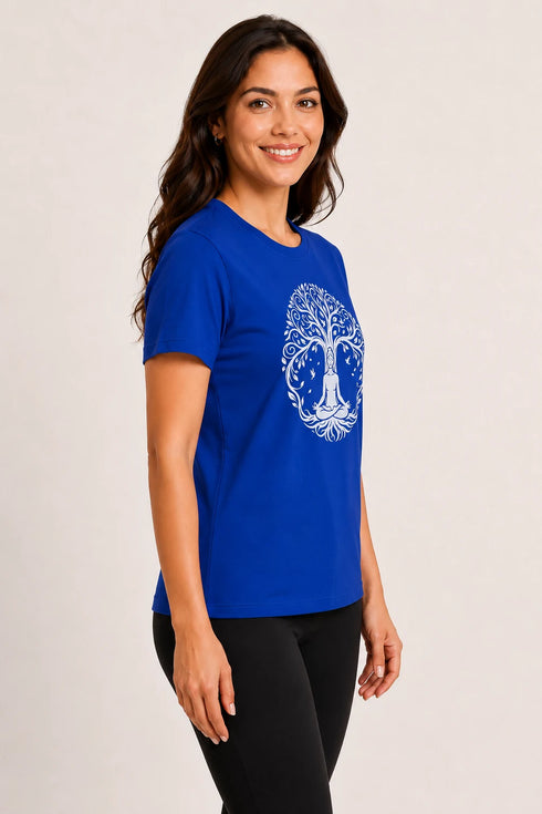 Women Yoga Tree Regular Round Neck T-Shirt - Royal Blue - Side View