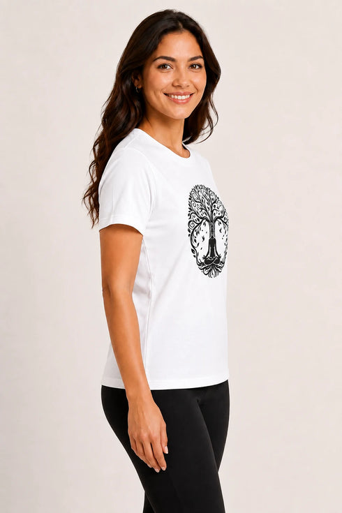 Women Yoga Tree Regular Round Neck T-Shirt - White - Side View