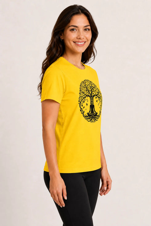 Women Yoga Tree Regular Round Neck T-Shirt - Yellow - Side View