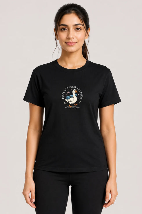 Women's Peace Was Never an Option Yoga Duck Regular Fit T-Shirt - Black - Sukhasana Yoga Close View