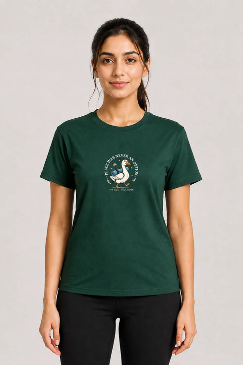 Women's Peace Was Never an Option Yoga Duck Regular Fit T-Shirt - Green - Sukhasana Yoga Close View