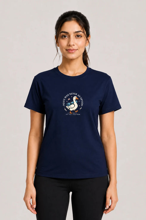 Women's Peace Was Never an Option Yoga Duck Regular Fit T-Shirt - Navy - Sukhasana Yoga Close View
