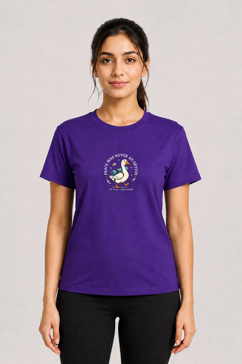 Women's Peace Was Never an Option Yoga Duck Regular Fit T-Shirt - Purple - Sukhasana Yoga Close View