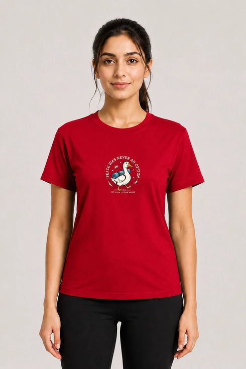 Women's Peace Was Never an Option Yoga Duck Regular Fit T-Shirt - Red - Sukhasana Yoga Close View