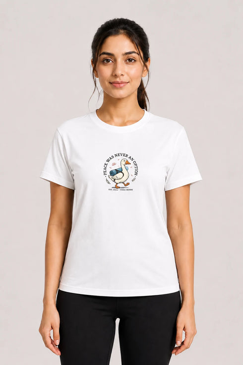 Women's Peace Was Never an Option Yoga Duck Regular Fit T-Shirt - White - Sukhasana Yoga Close View