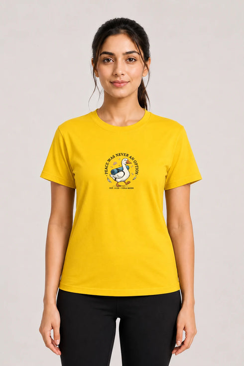 Women's Peace Was Never an Option Yoga Duck Regular Fit T-Shirt - Yellow - Sukhasana Yoga Close View