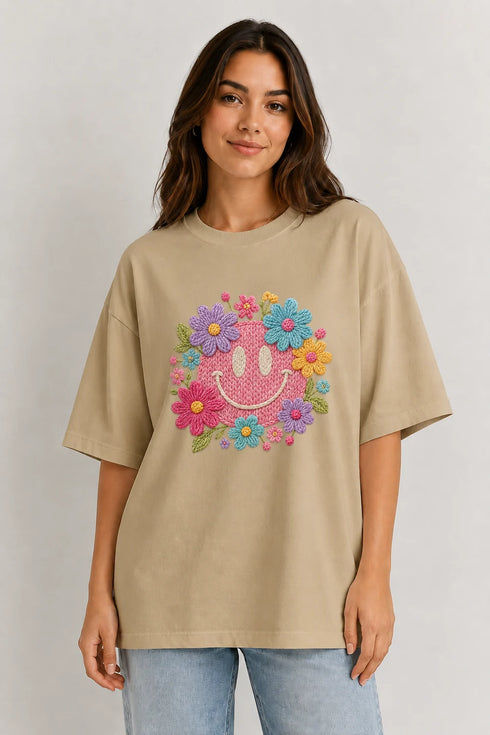 Women's floral smiley premium cotton oversized T-shirt in beige - front