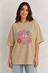 Women's floral smiley premium cotton oversized T-shirt in beige - front