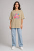 Women's floral smiley premium cotton oversized T-shirt in beige - full view