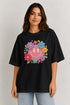Women's floral smiley premium cotton oversized T-shirt in black - front