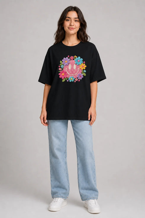 Women's floral smiley premium cotton oversized T-shirt in black - full view