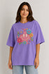 Women's floral smiley premium cotton oversized T-shirt in purple - front