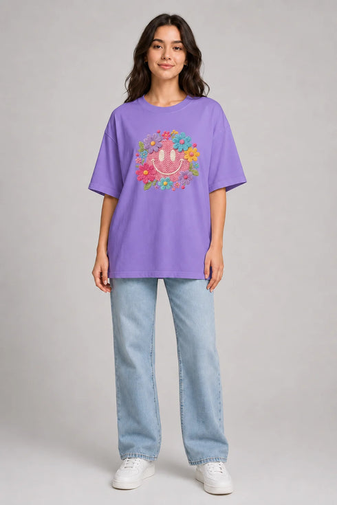 Women's floral smiley premium cotton oversized T-shirt in purple - full view