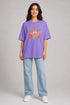 Women's floral smiley premium cotton oversized T-shirt in purple - full view