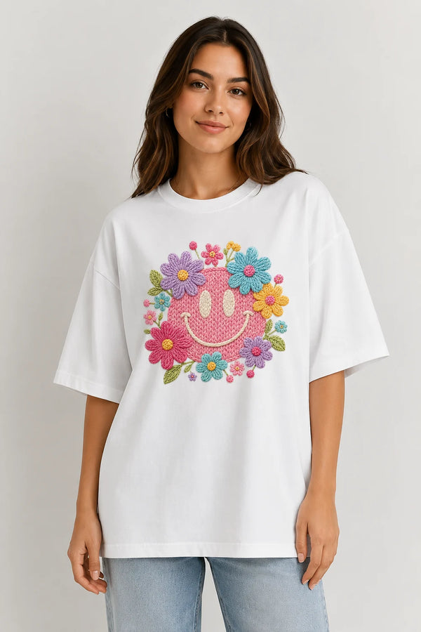 Women's floral smiley premium cotton oversized T-shirt in white - front