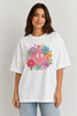 Women's floral smiley premium cotton oversized T-shirt in white - front