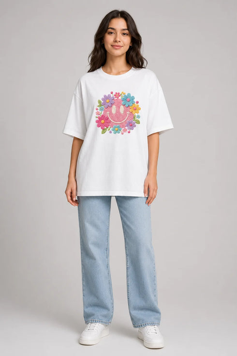 Women's floral smiley premium cotton oversized T-shirt in white - full view