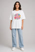 Women's floral smiley premium cotton oversized T-shirt in white - full view